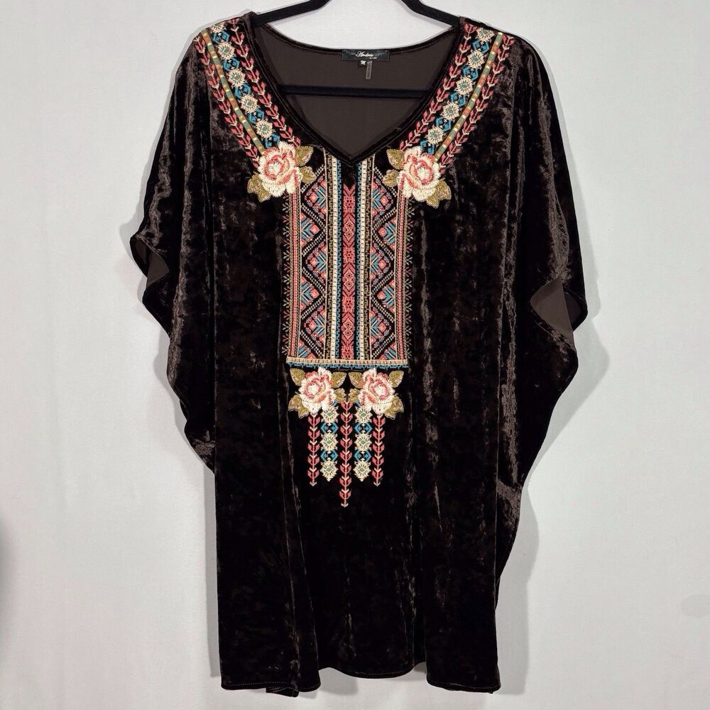 Andree by Unit Crushed Velvet Kaftan Tunic Top Brown Medium Embroidered Floral